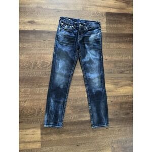 True Religion Rocco Relaxed Skinny Dark Wash Jeans Mens 31x33 Yellow Stitch‎